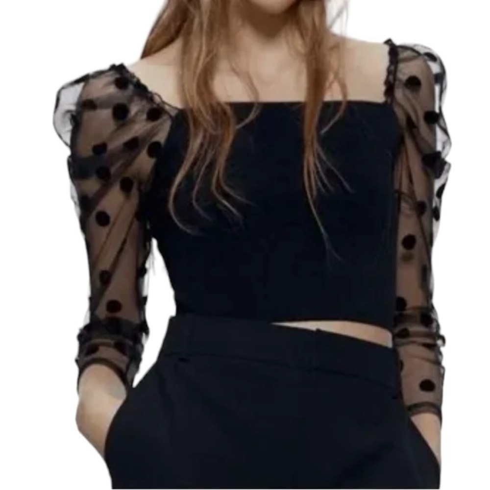 Zara Women's Black CONTRAST KNIT TOP SHEER Long Sleeve POLKA DOT Sz Small